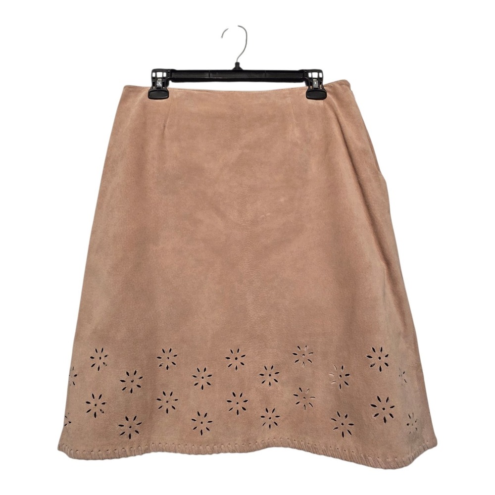 Kate Hill Suede Leather Skirt Women Sz 12 Tan Lined Side Zip Floral Cut Classic